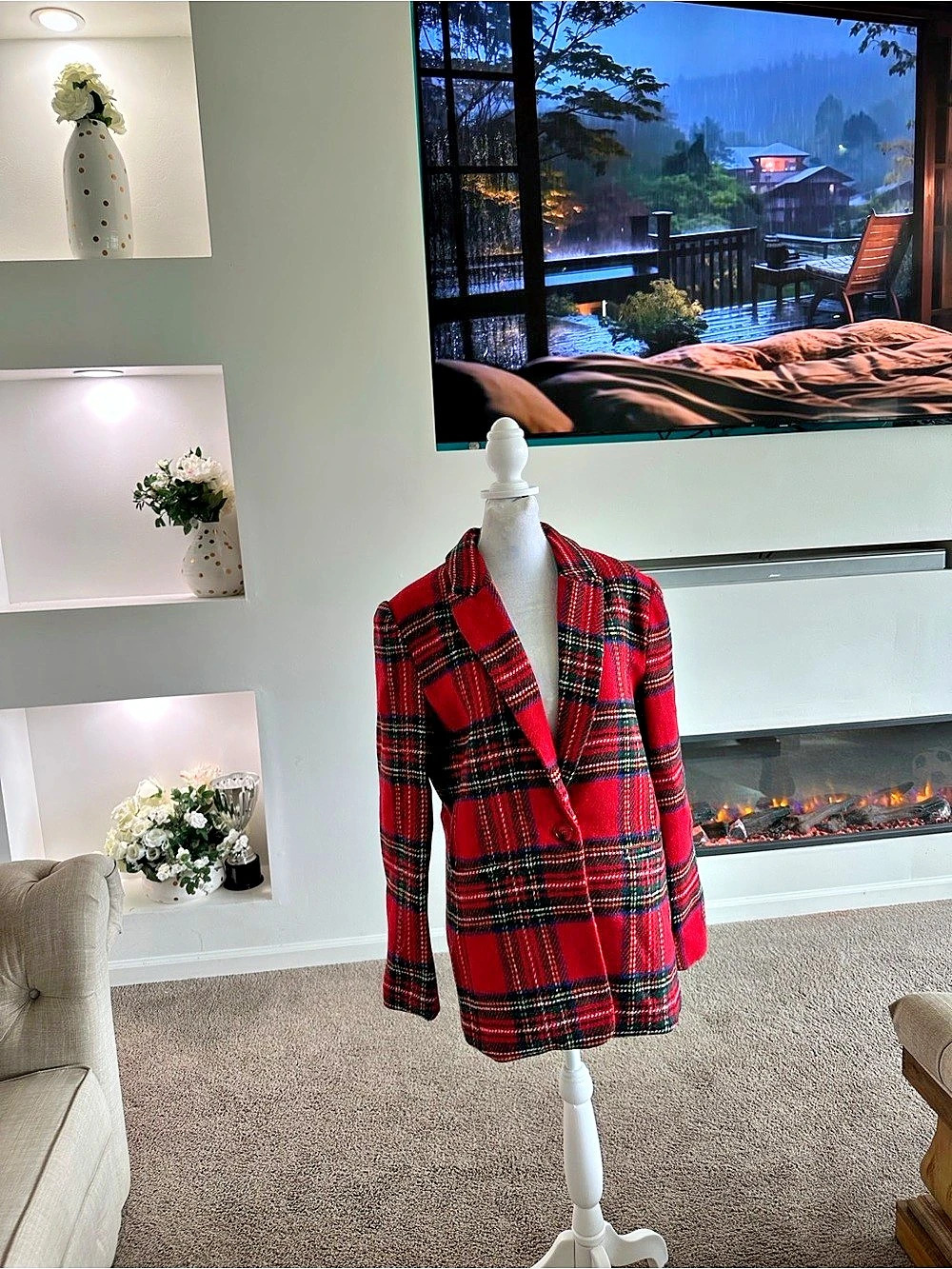VICI Plaid Pea Coat in Red & Black Size Small Like New
